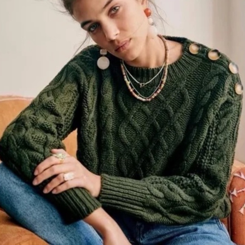 Sézane James Jumper Wool Cable Knit Sweater Button Shoulder